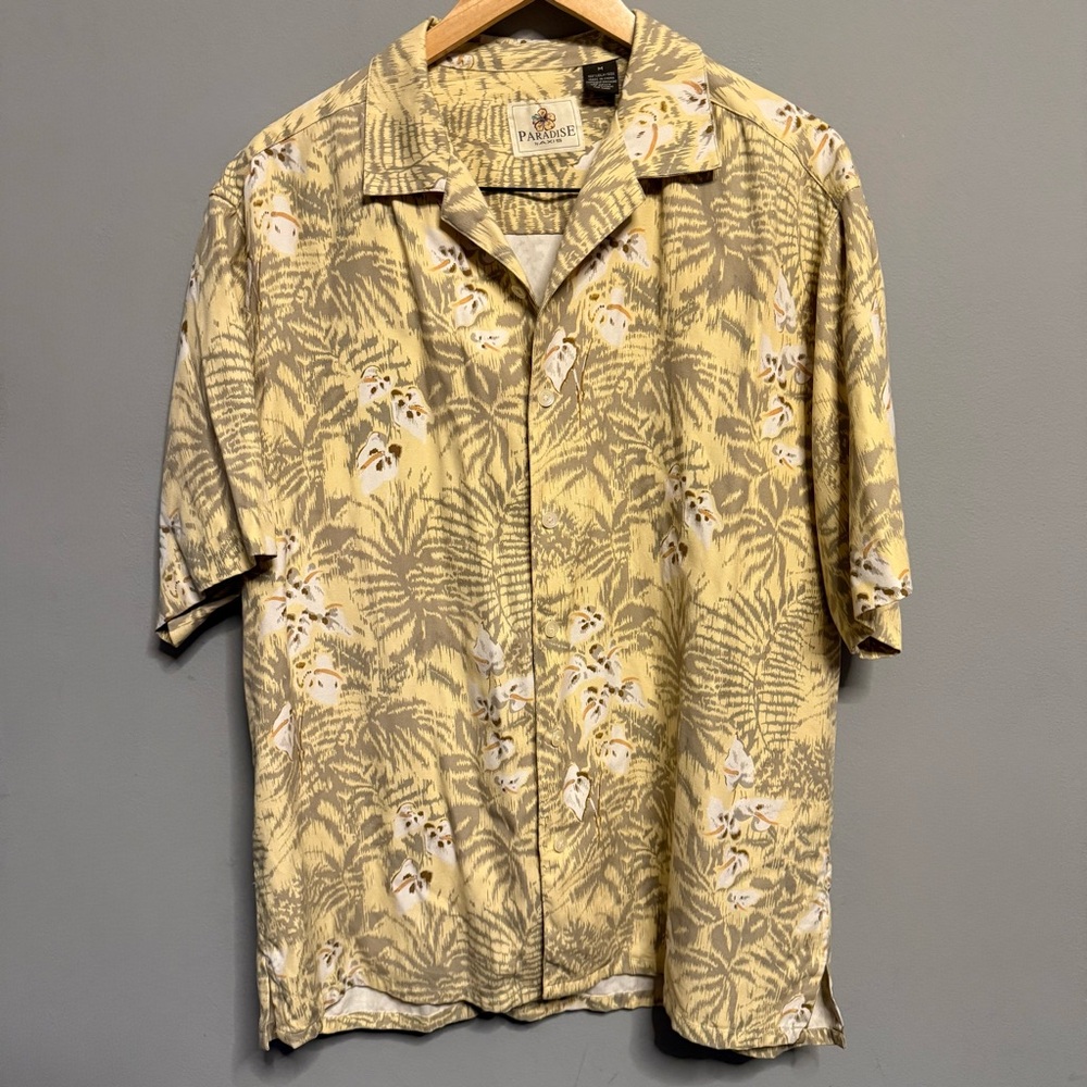 Paradise by Axis 100% Silk Yellow & Gray Button Down Tropical Hawaiian Shirt M